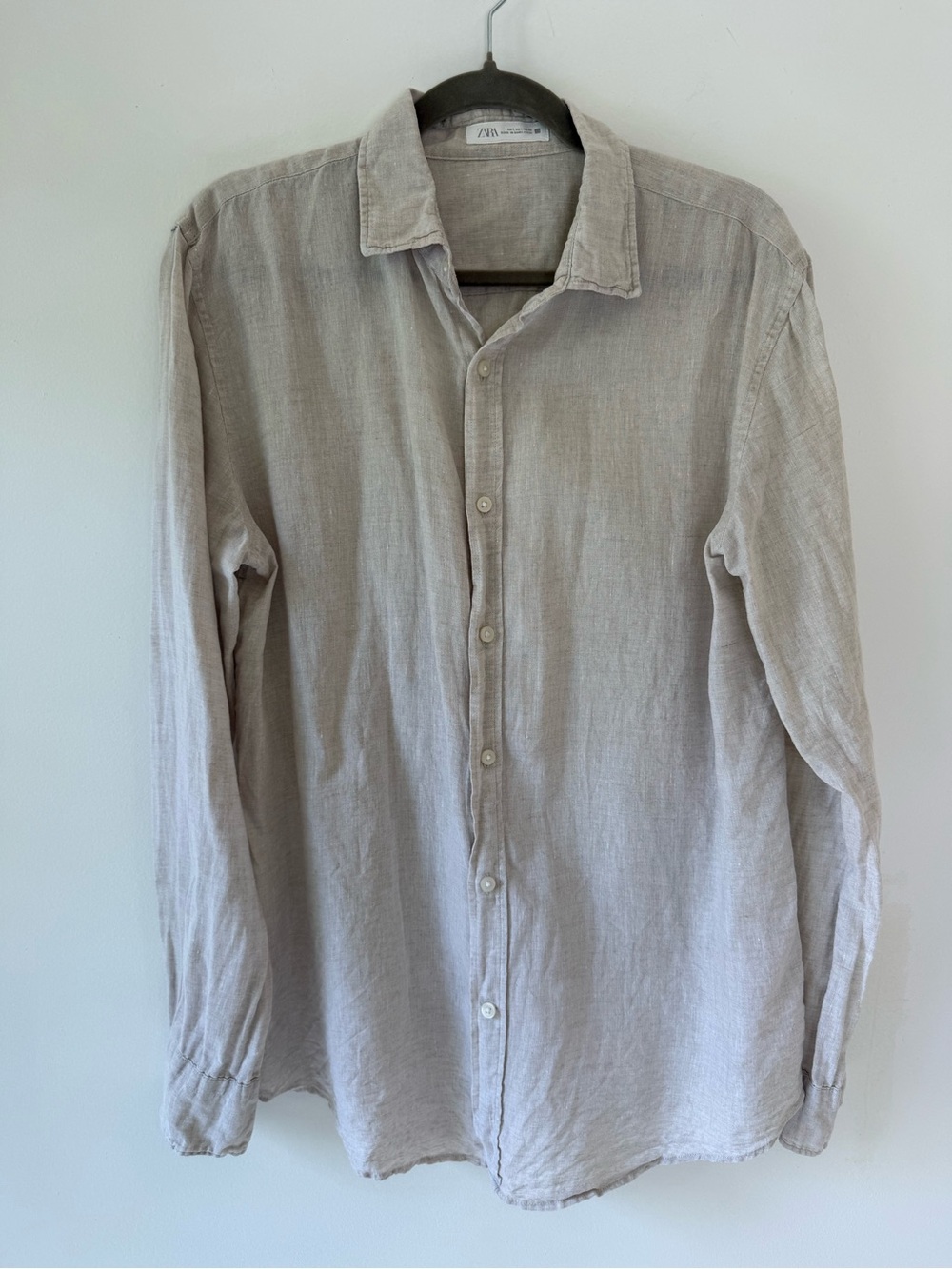 Zara Men Linen Button Front Shirt Beige Long Sleeve Casual Size L